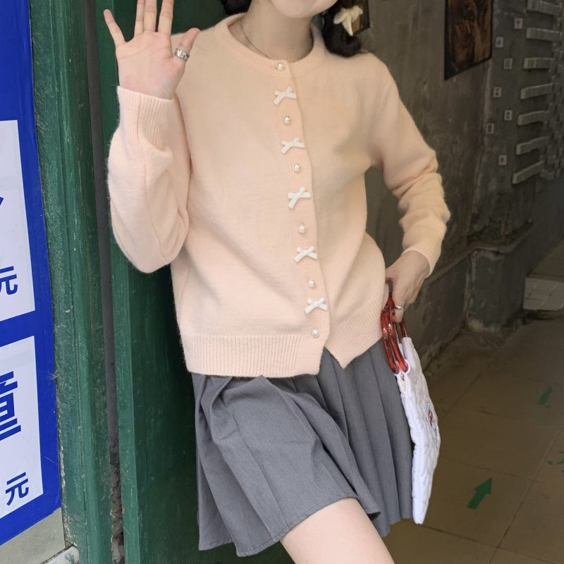 Butterfly knot pearl button knitted cardigan