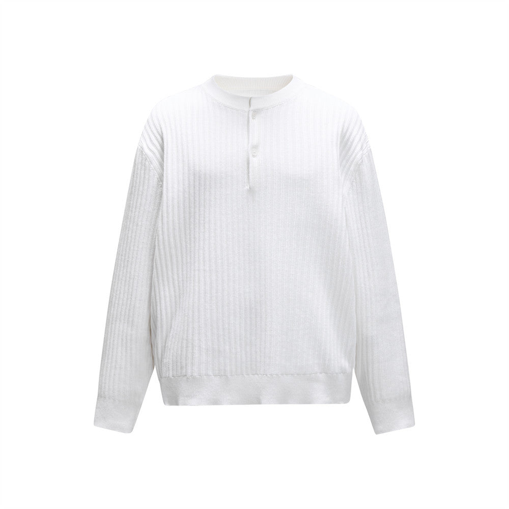 Pit stripe texture semi open collar long sleeved knitted sweater