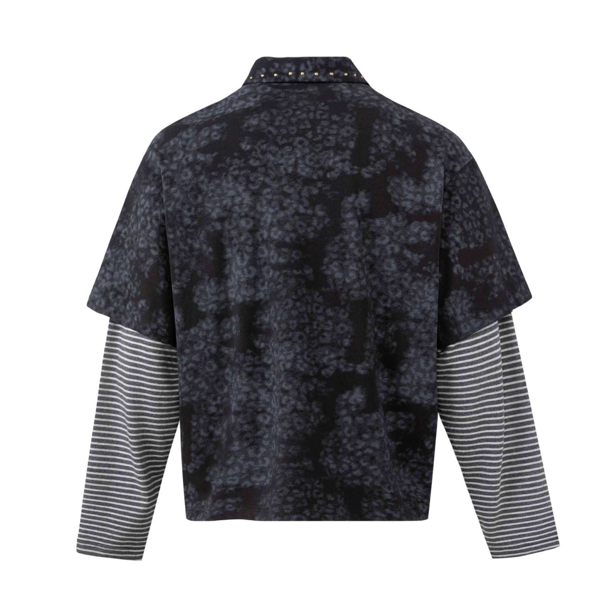 Rock Print Faux Two-Piece Striped Long Sleeve Polo Neck Sweatshirt