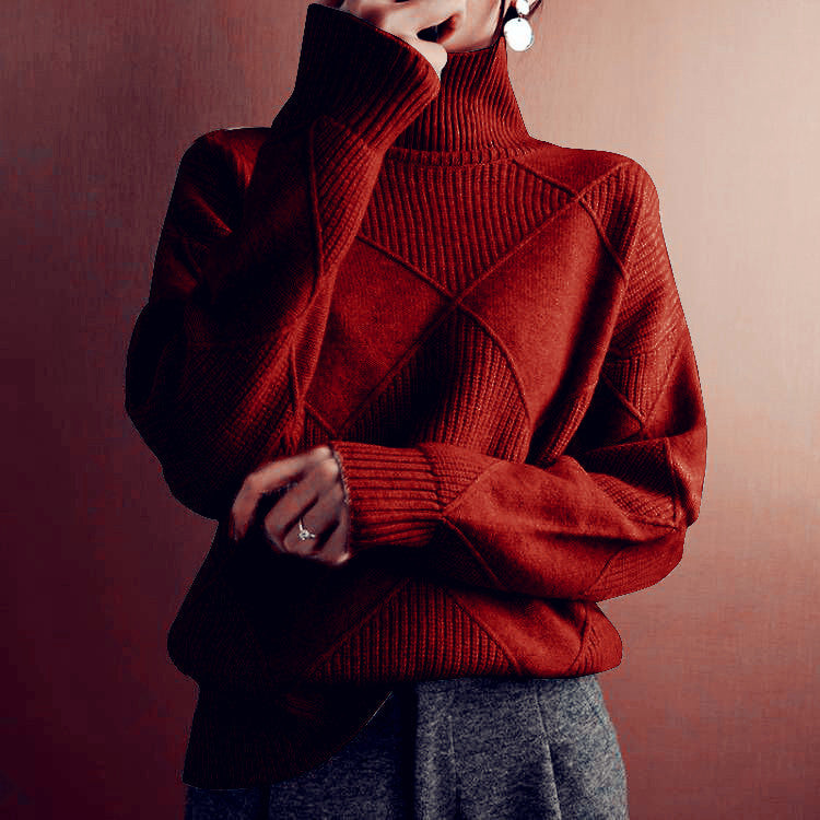 Commuter Knitwear Solid Color High Neck Diamond Sweater for Women