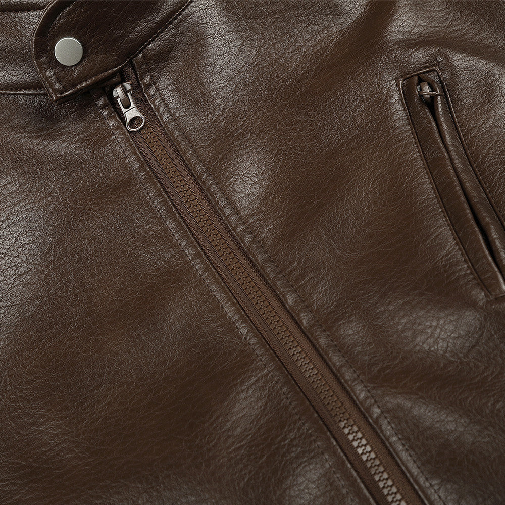 Solid color stand up collar PU leather jacket