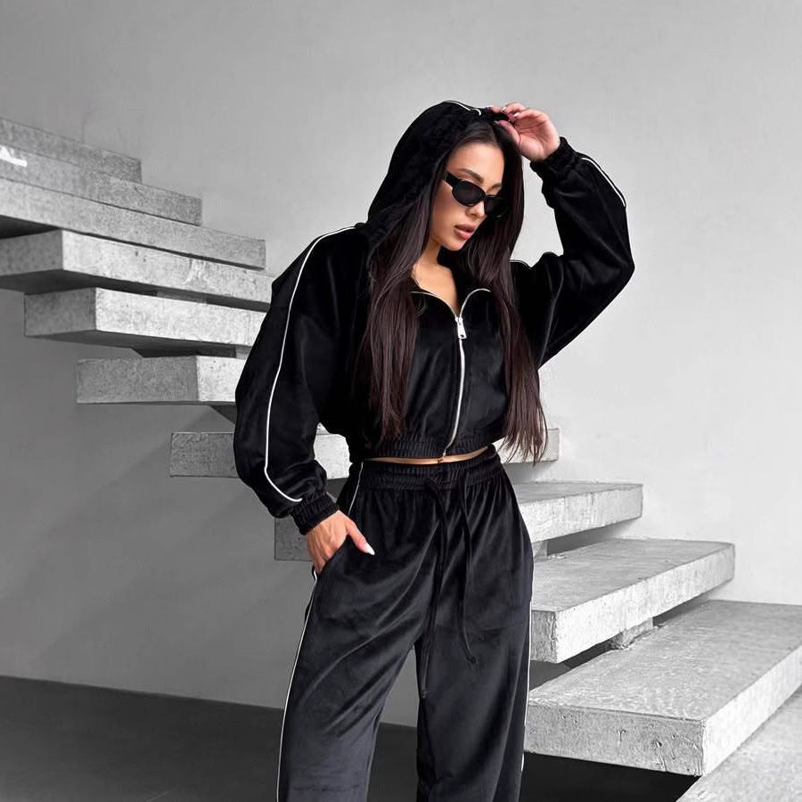 Set with Stripe Hooded Zip-Up Jacket and Tie-Waist Wide-Leg Pants for Women