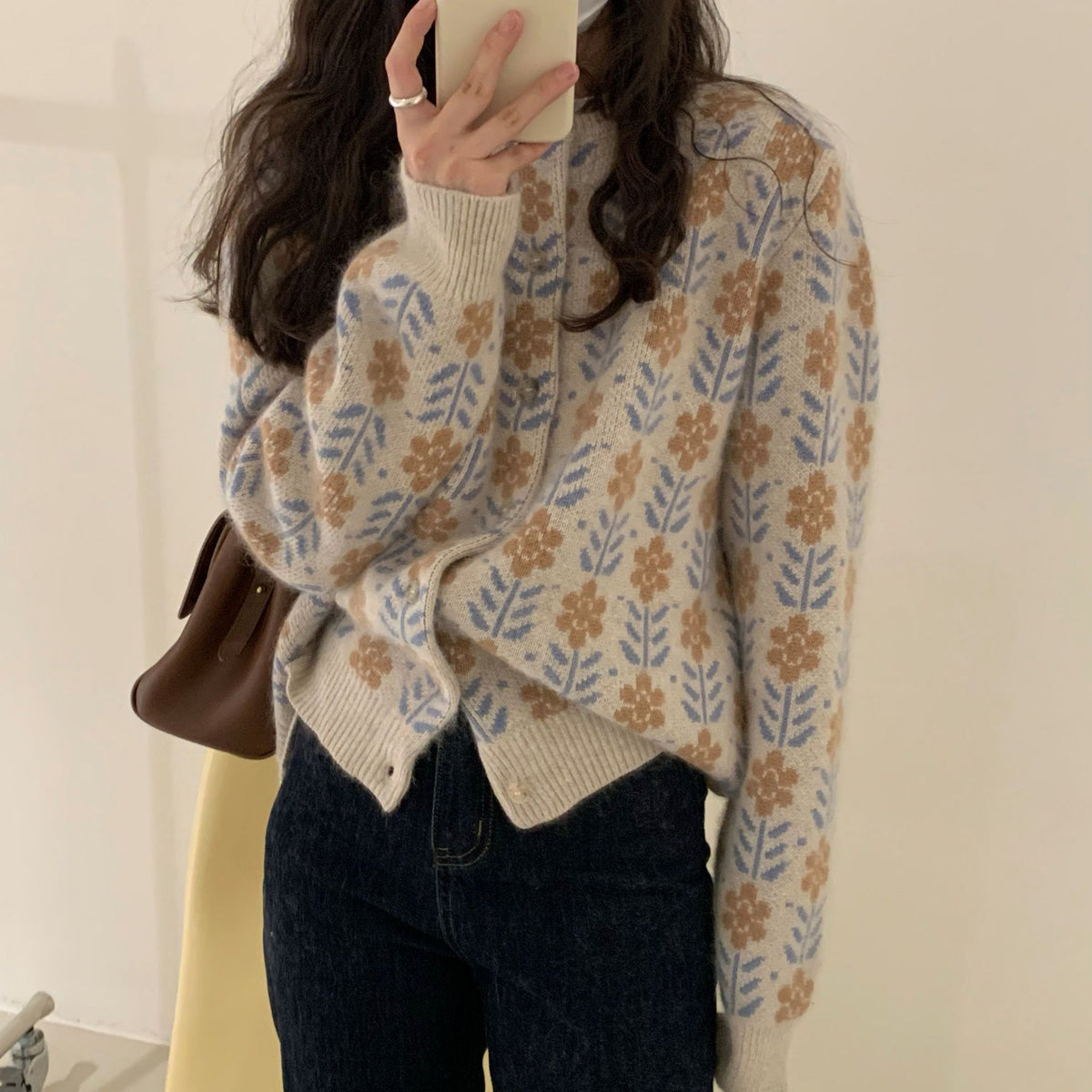 Retro jacquard sweater women's round neck cardigan jacket