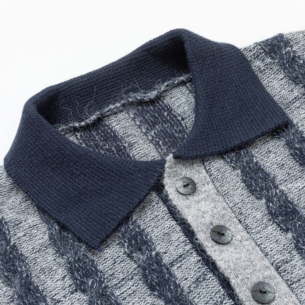 Color blocking vertical stripe jacquard long sleeved polo shirt sweater