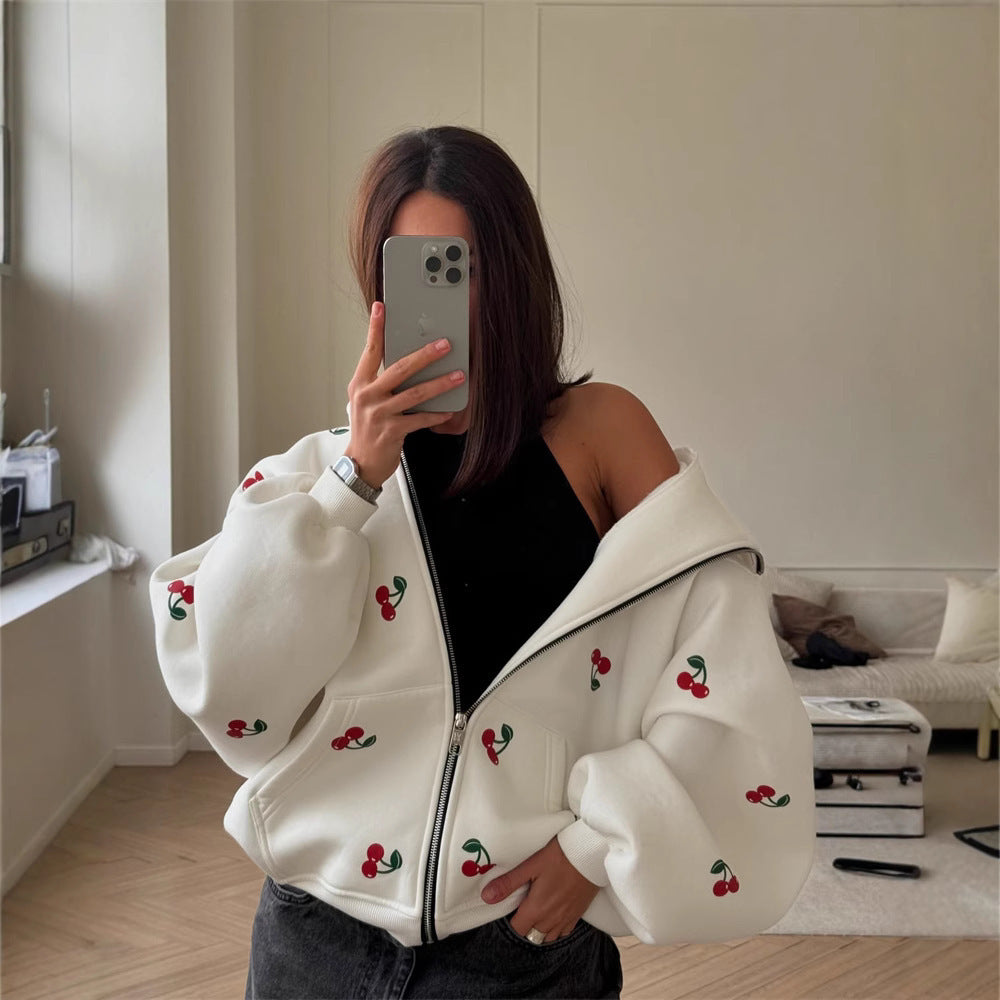 Cherry Print Hoodie Coat Street Style oose Versatile Sporty Hoodie