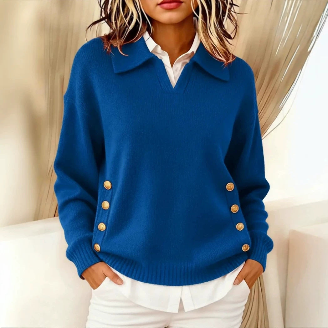 Casual lapel button lapel solid color knitted sweater for women