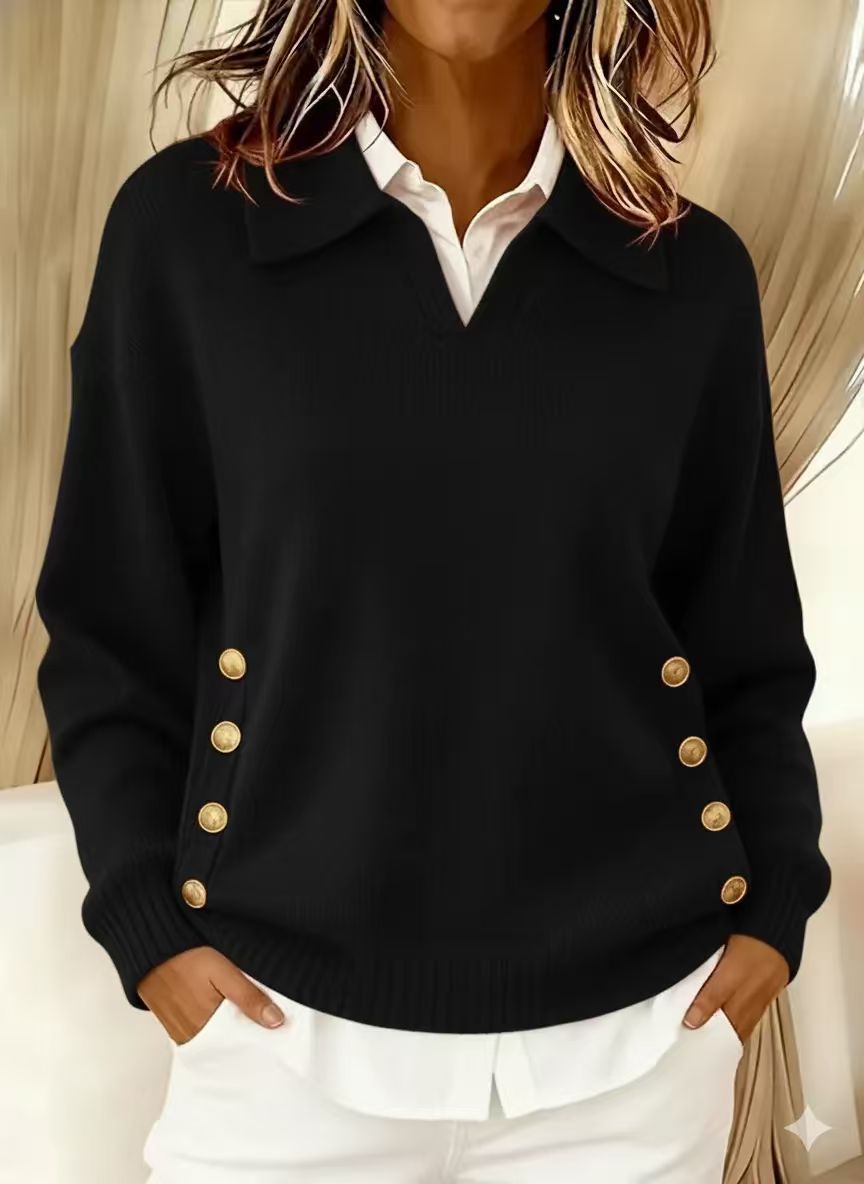 Casual lapel button lapel solid color knitted sweater for women