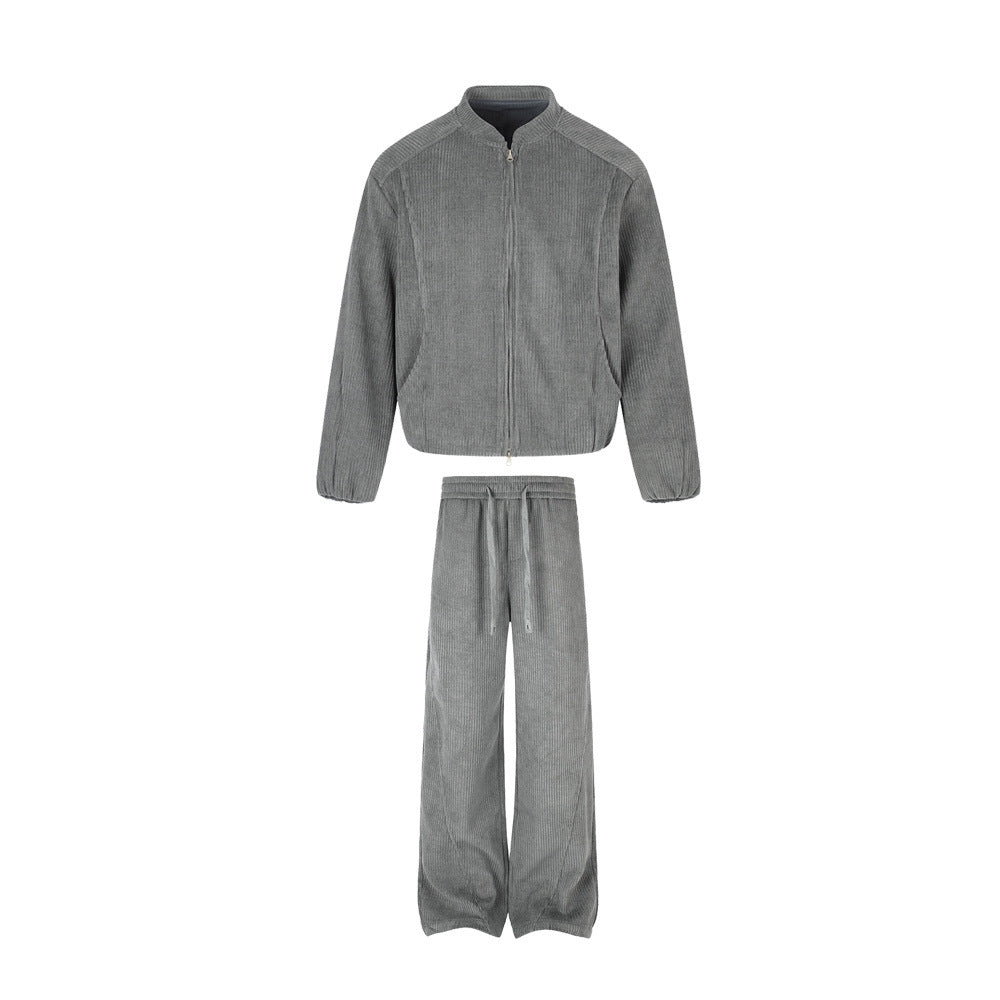 Sports suit with double zipper stand up collar jacket