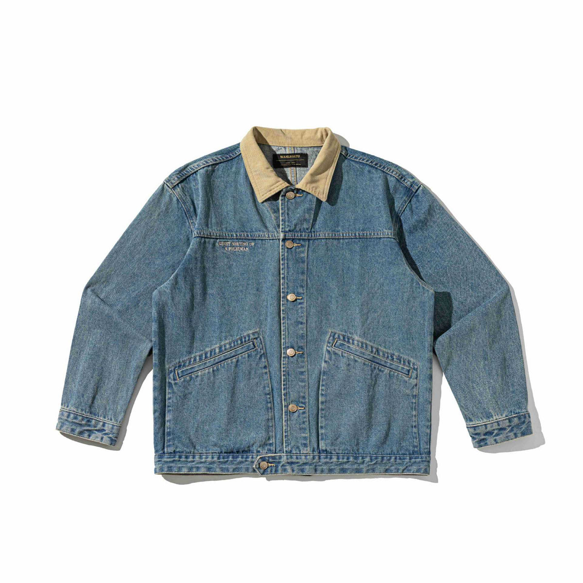 Color-blocked Corduroy Lapel Denim Jacket for Men, Loose Washed Distressed Outerwear