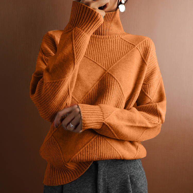 Commuter Knitwear Solid Color High Neck Diamond Sweater for Women