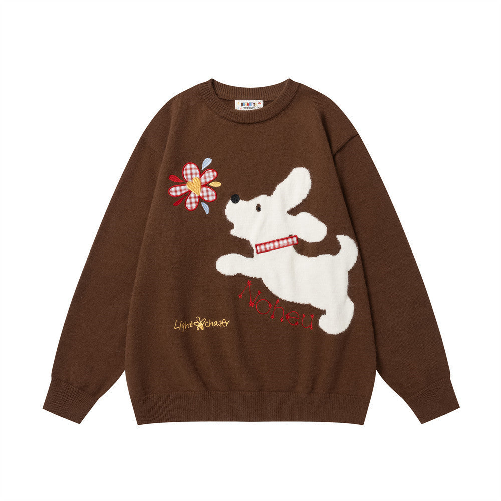 Dog cartoon jacquard round neck sweater