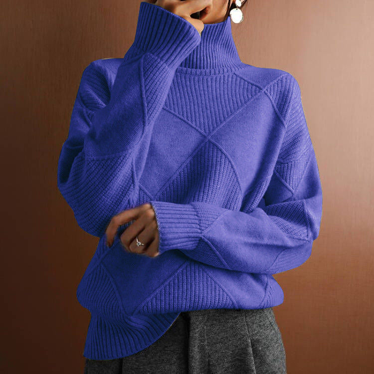 Commuter Knitwear Solid Color High Neck Diamond Sweater for Women