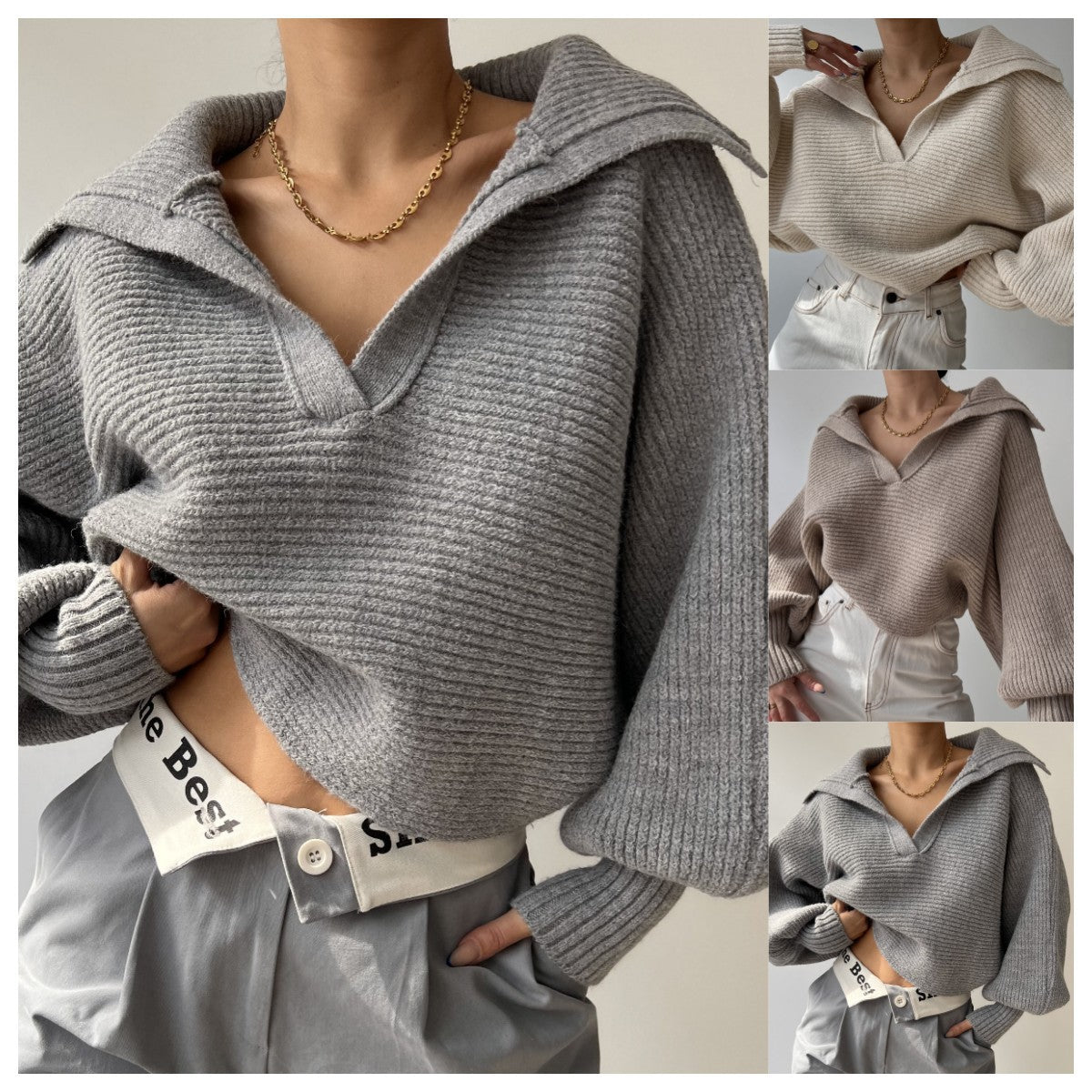 Chic Knit Sweater with Turn-Down Collar, Pullover Style, Women's Top