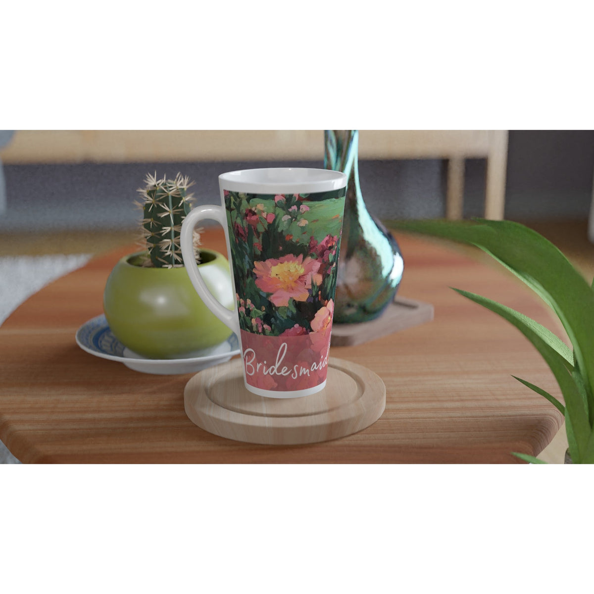 'Bridesmaid' 17oz White Ceramic Latte Mug | Bridal Collection with 'Pink Princess' Artwork by American Artist Barbara Cleary