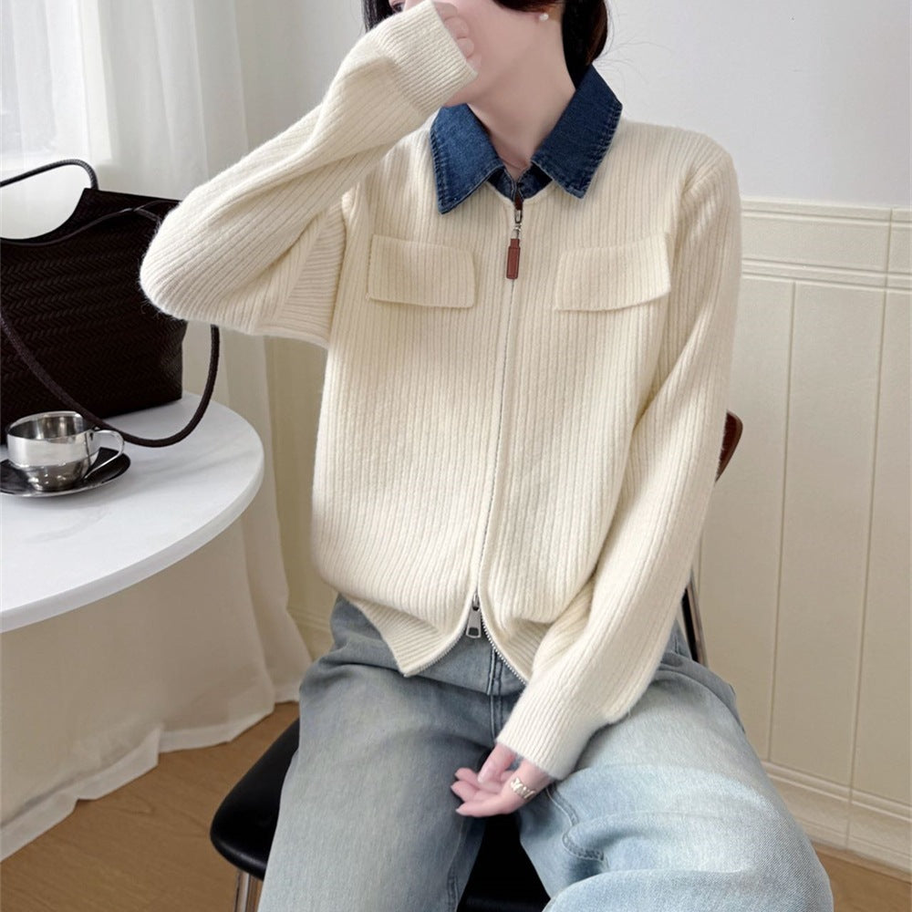 Double zipper knitted cardigan jacket for women