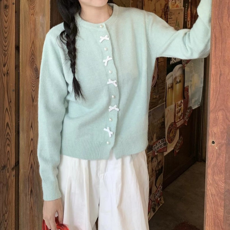 Butterfly knot pearl button knitted cardigan