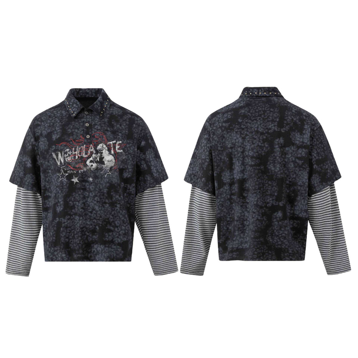 Rock Print Faux Two-Piece Striped Long Sleeve Polo Neck Sweatshirt