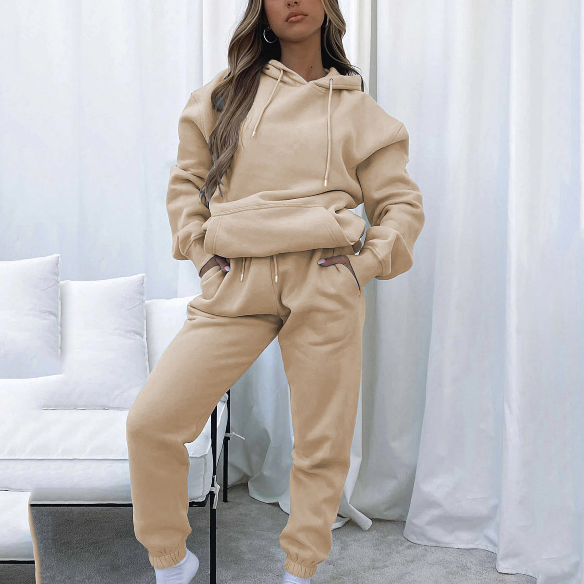 Solid Color Hooded Pullover Long Pants Women's Urban Casual Pocket Long Sleeve Sweatshirt Set
