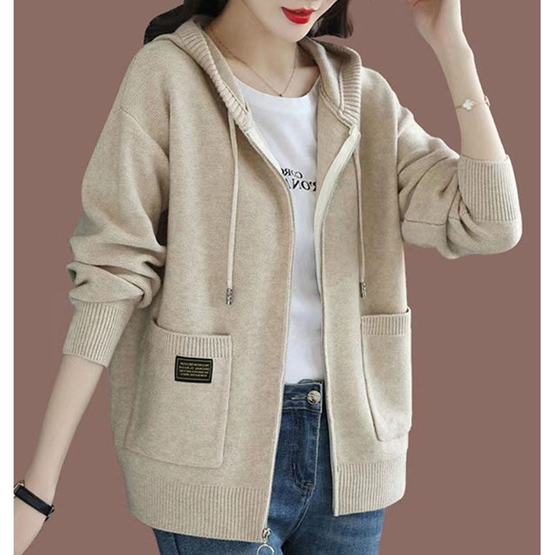 Zipper sweater with cap knit sweater jacket for women