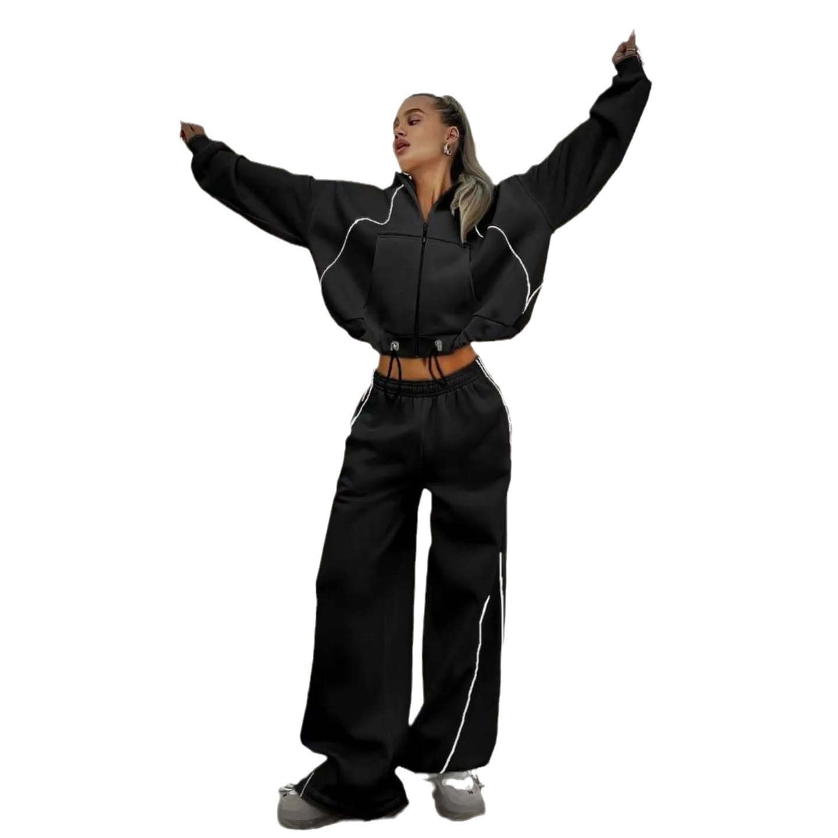 Women's Color-Block Hooded Zip-Up Set | Loose Straight-Leg Pants