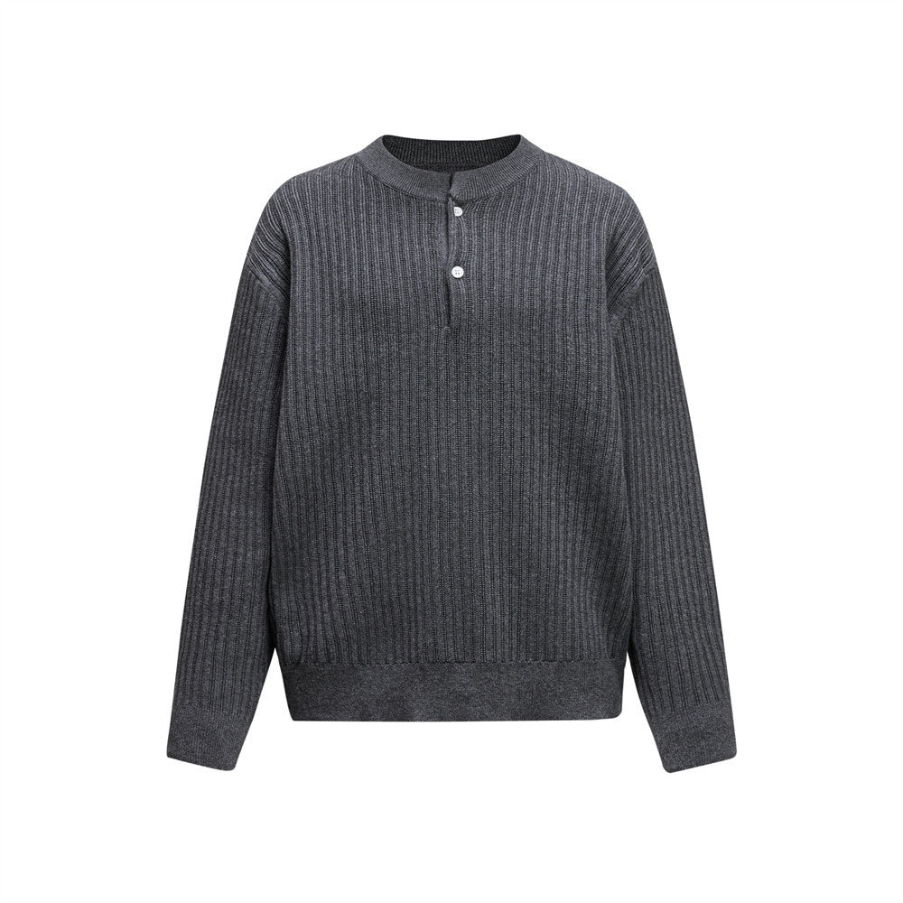 Pit stripe texture semi open collar long sleeved knitted sweater