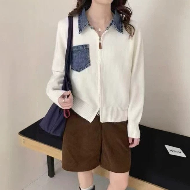 Collar denim patchwork fake two-piece knitted cardigan jacket