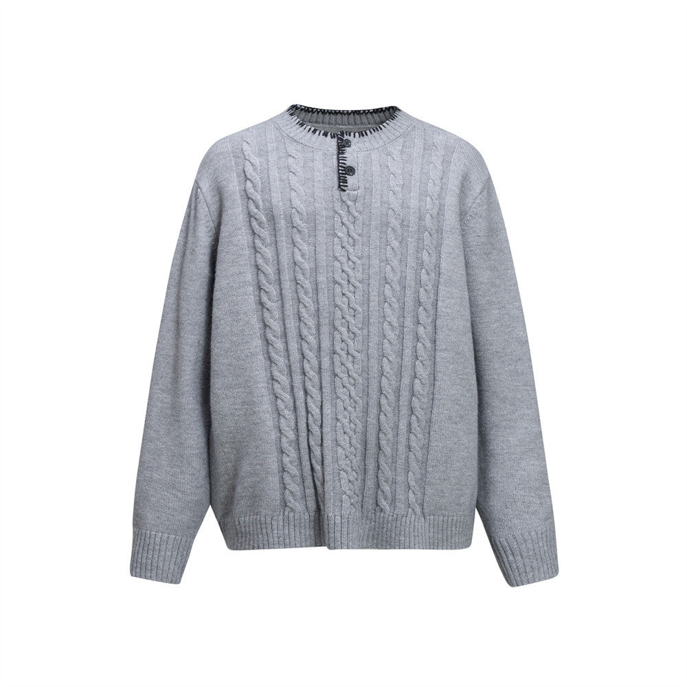 Button half open neck round neck sweater