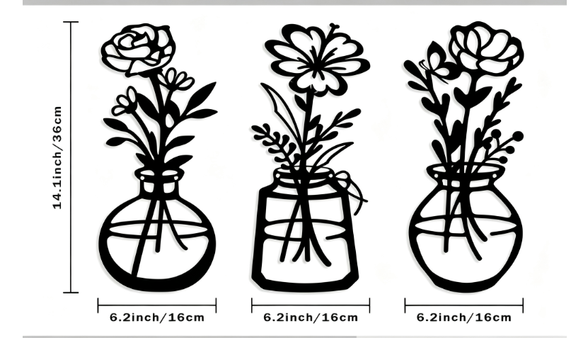 Three piece metal flower wall decoration flower black flower bottle minimalist art wall decoration living room bathroom home bed