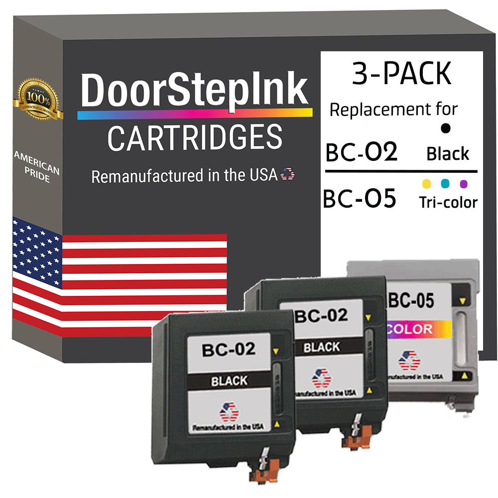 DoorStepInk Brand for Canon BC-02 2 Black / BC-05 1 Color 3-Pack Remanufactured in the USA Ink Cartridges