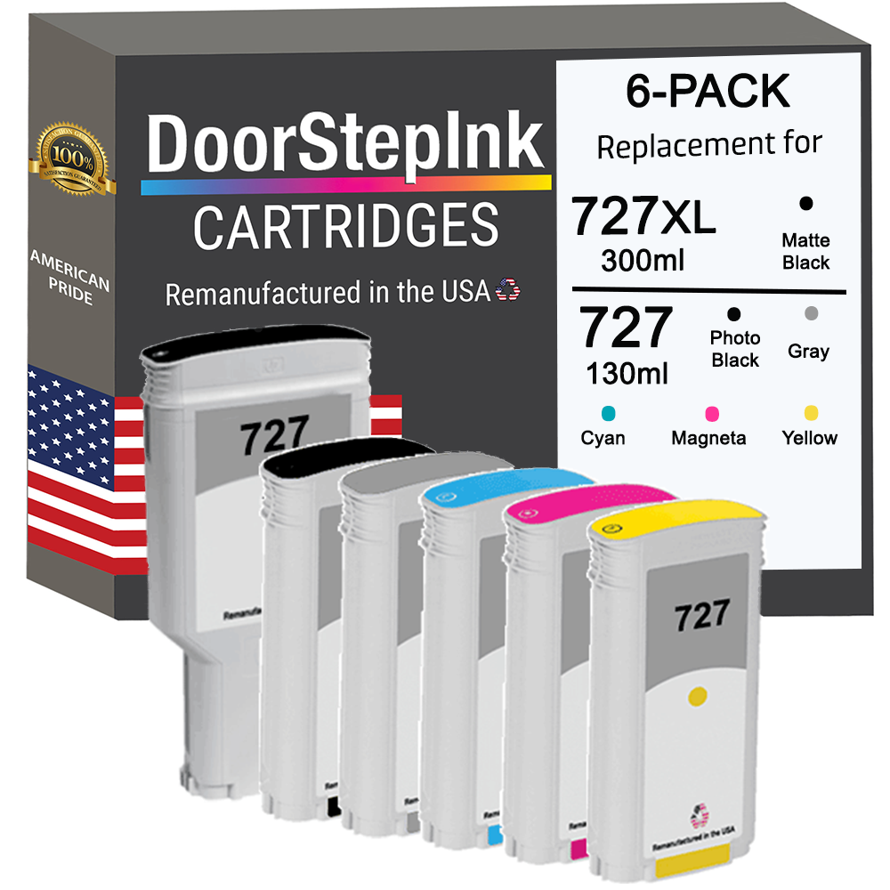 DoorStepInk Brand for HP 727XL 300ml Matte Black / HP 727 130mL Color 6-Pack Remanufactured in the USA Ink Cartridges