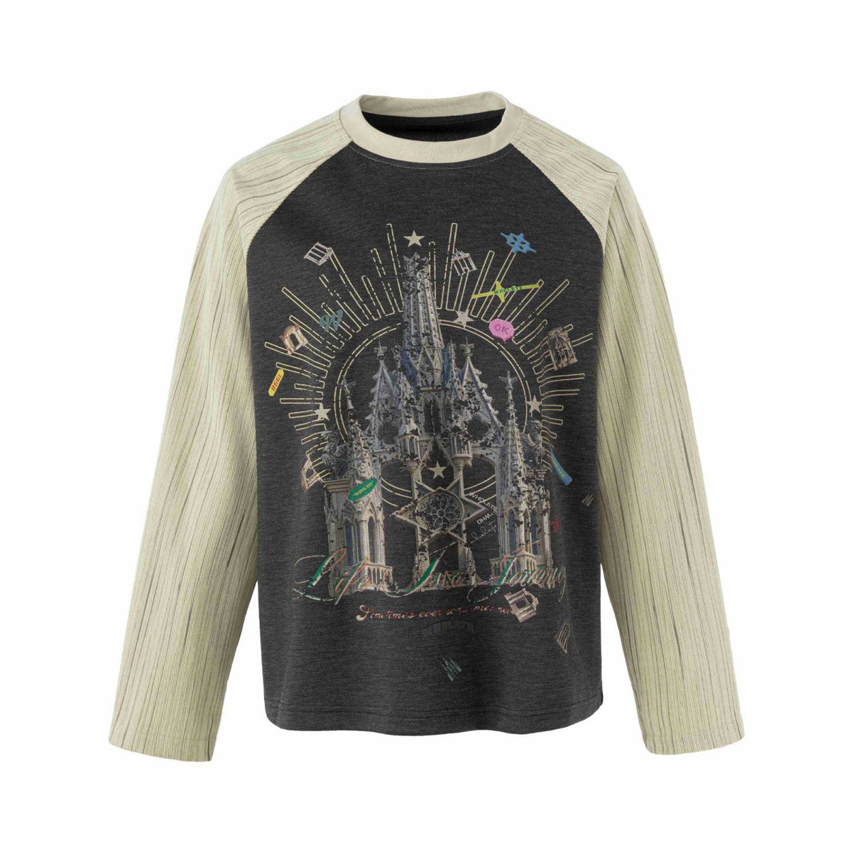 Castle Print Raglan Sleeve Striped Spliced Long Sleeve T-Shirt for Men