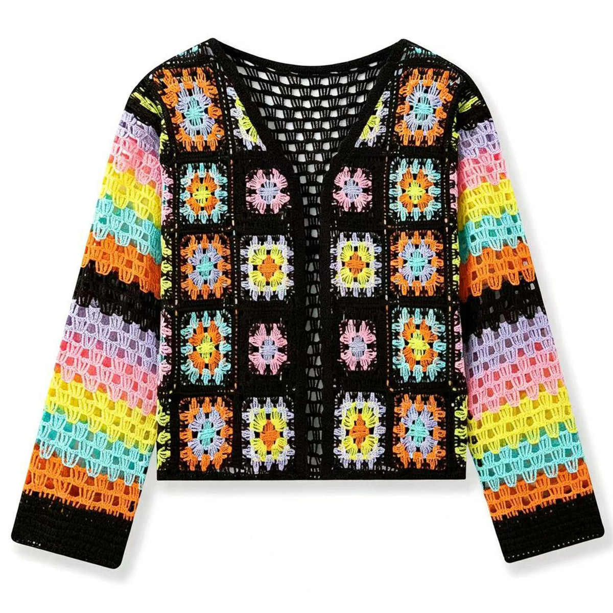 Rainbow cardigan V-neck hollowed out long sleeved top