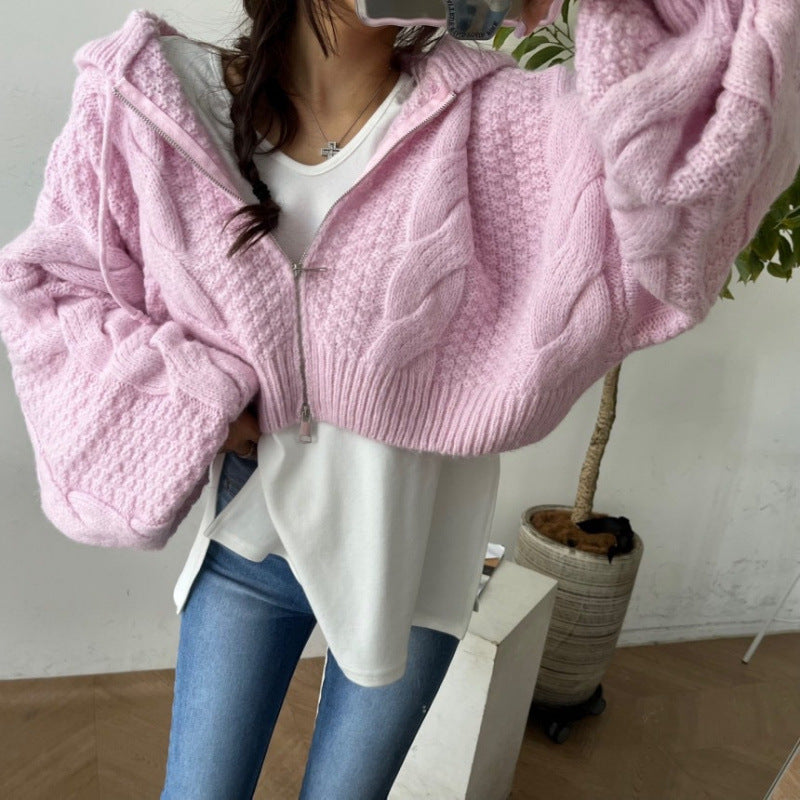 Hooded Zipper Short Knit Cardigan for Women, Loose Solid Color Batwing Sleeve Sweater Coat