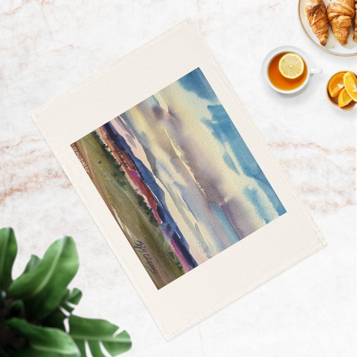 'Tranquil Mountain View 1' Cotton Tea Towel I Original Artwork by American Artist Barbara Cleary