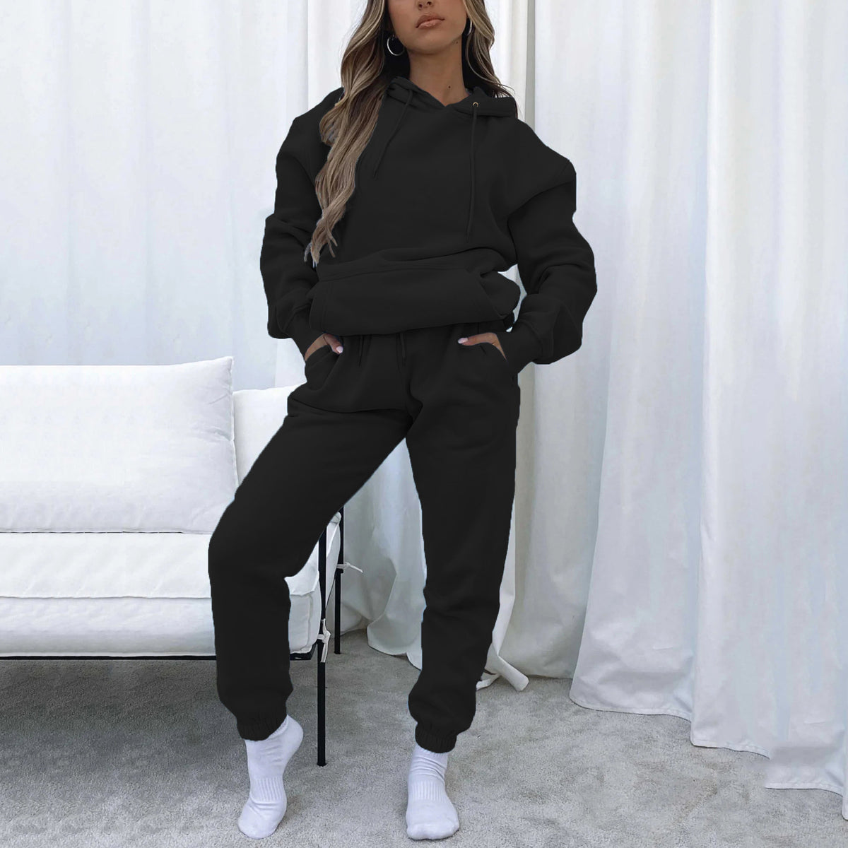 Solid Color Hooded Pullover Long Pants Women's Urban Casual Pocket Long Sleeve Sweatshirt Set
