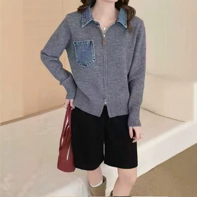Collar denim patchwork fake two-piece knitted cardigan jacket