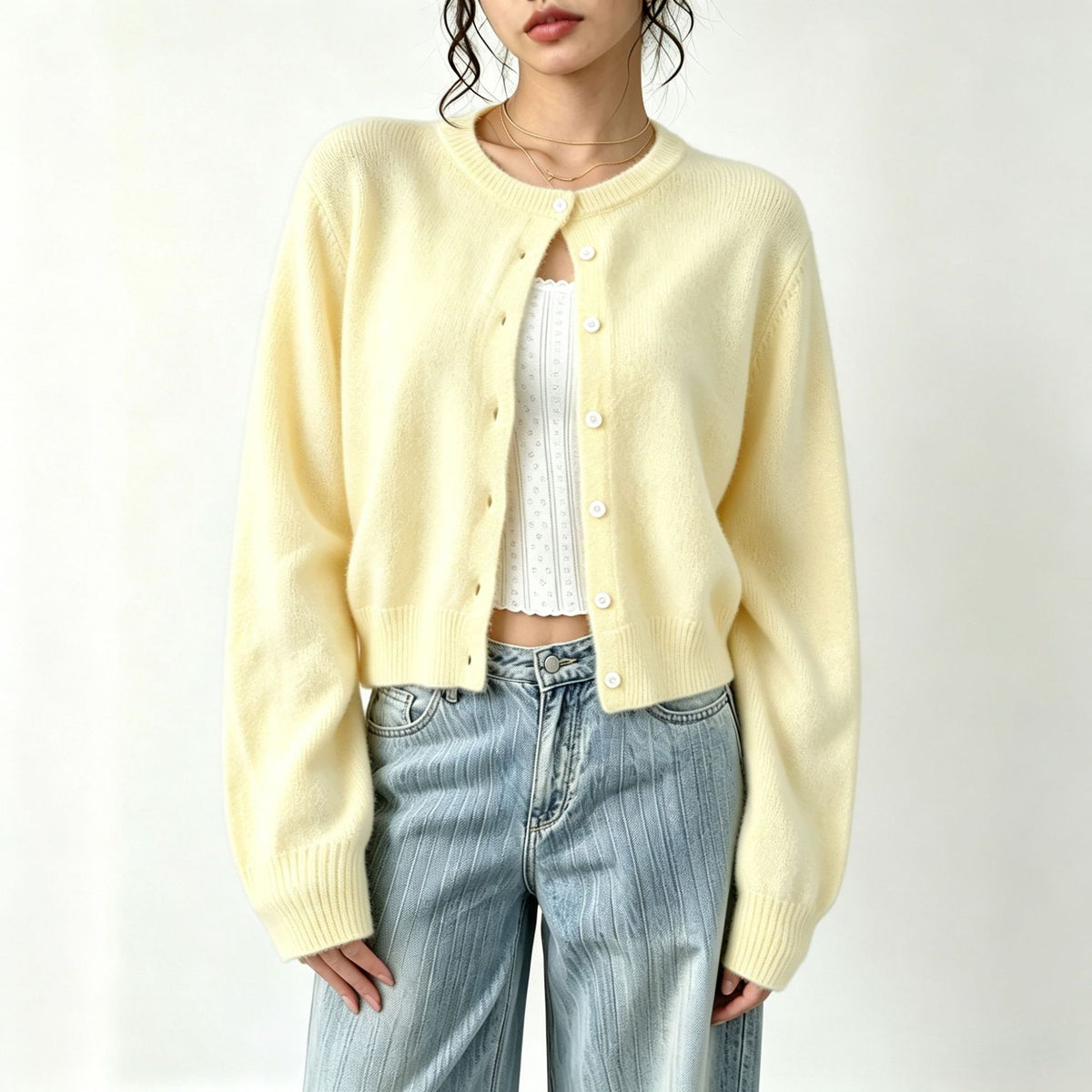 Round neck threaded long sleeved button women's knitted cardigan jacket