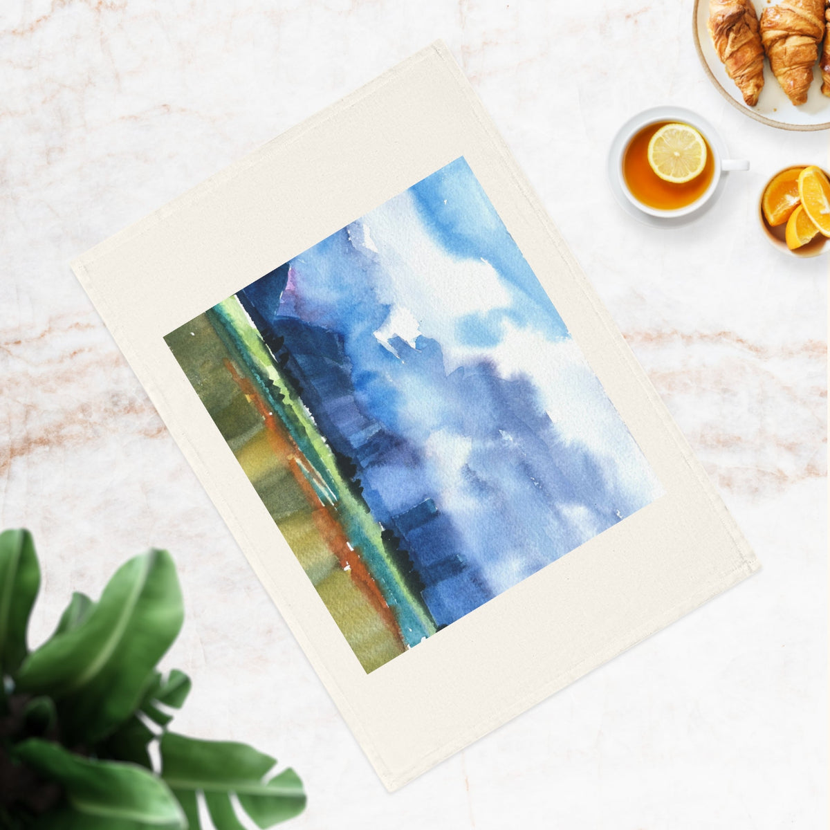 'Tranquil Mountain View 4' Organic Cotton Tea Towel I Original Artwork by American Artist Barbara Cleary