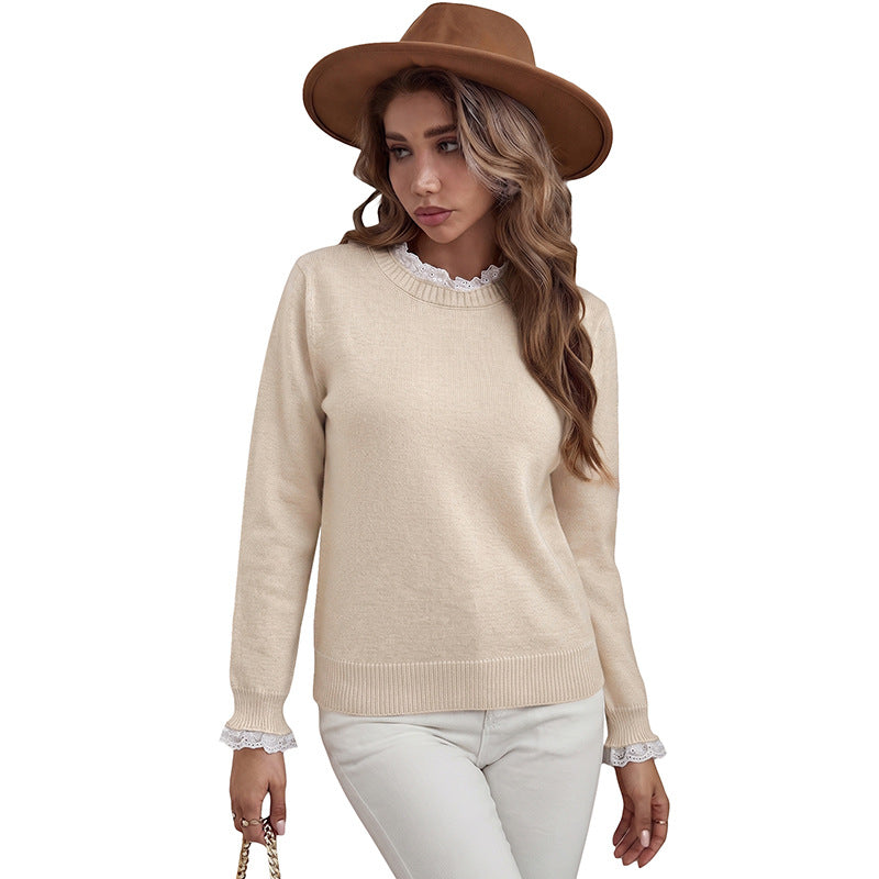 Lace patchwork round neck solid color sweater for women