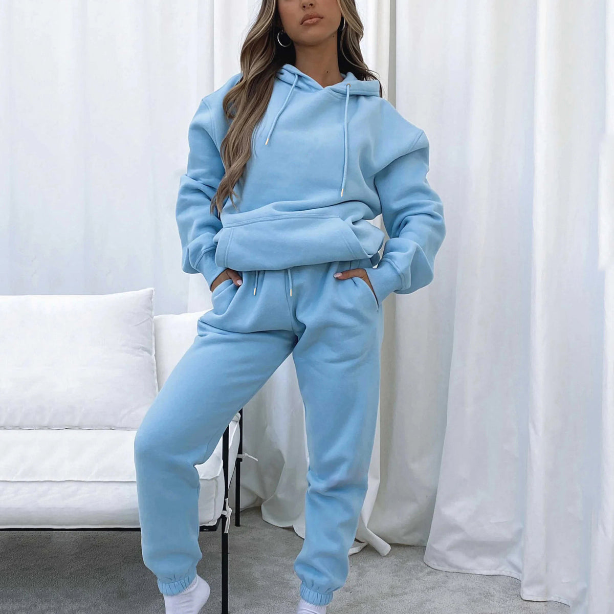 Solid Color Hooded Pullover Long Pants Women's Urban Casual Pocket Long Sleeve Sweatshirt Set