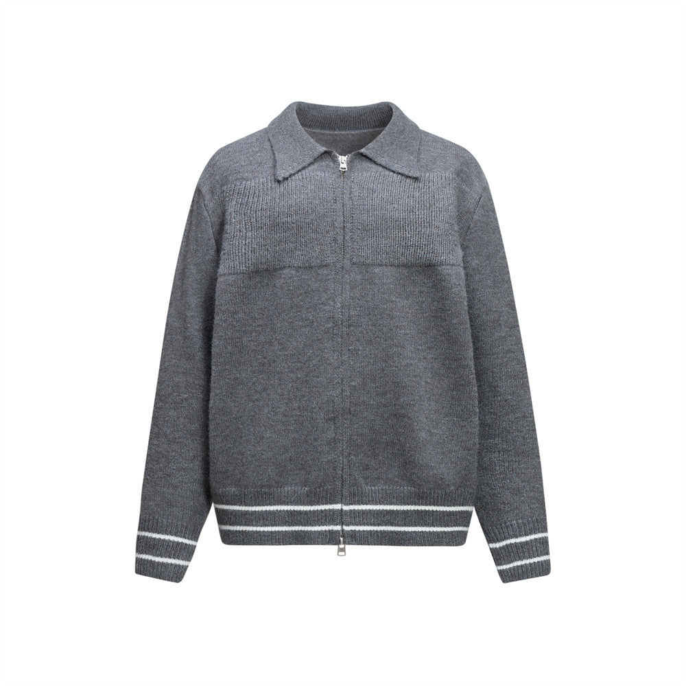 Men's collar double zipper cardigan sweater
