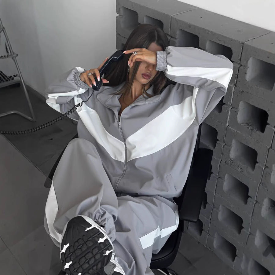 Women's Casual Outfit Loose Color-Block Long Sleeve Zip-Up Cardigan Color-Contrast Top and Pants Tracksuit