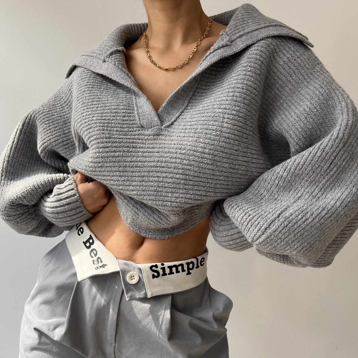Chic Knit Sweater with Turn-Down Collar, Pullover Style, Women's Top