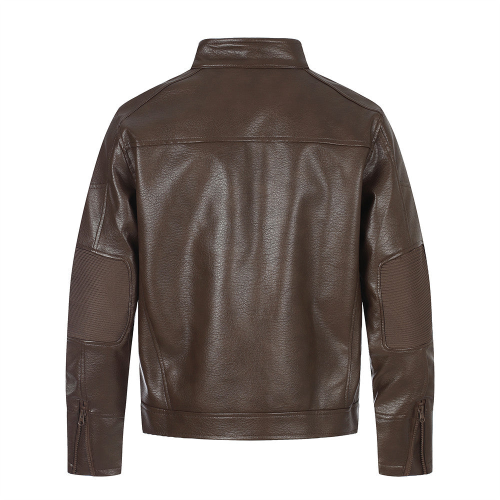 Solid color stand up collar PU leather jacket