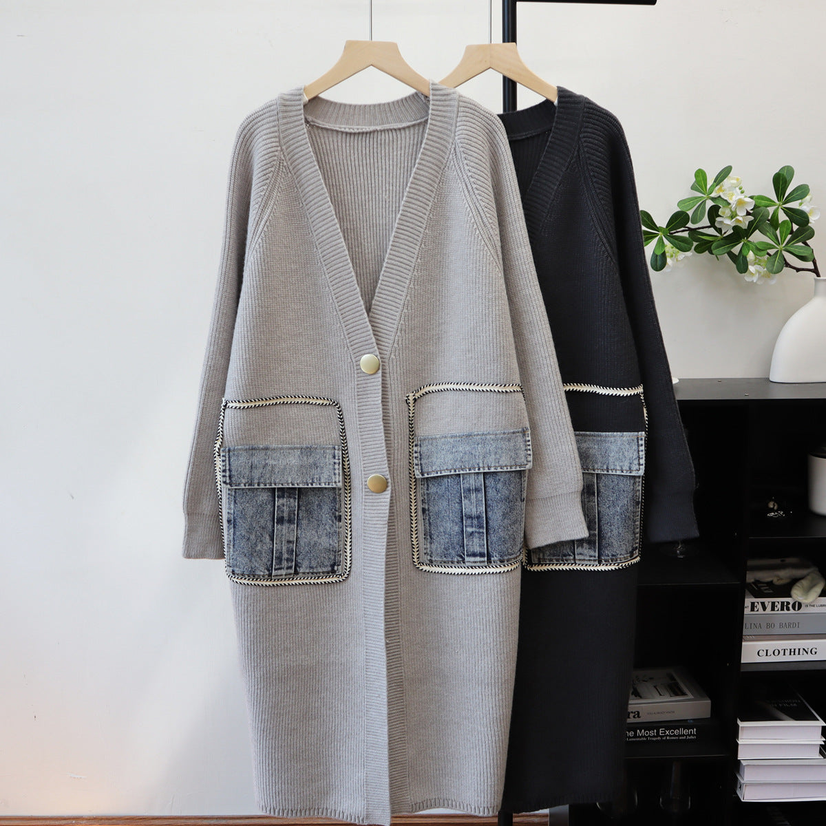 Long spliced denim pocket sweater