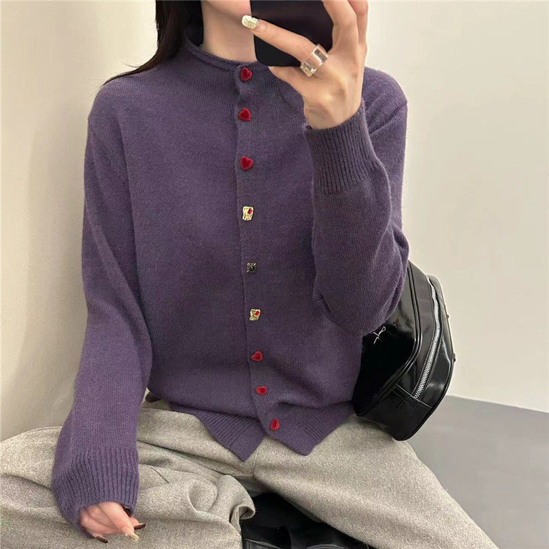 Half high neck chic heart button knit cardigan for women