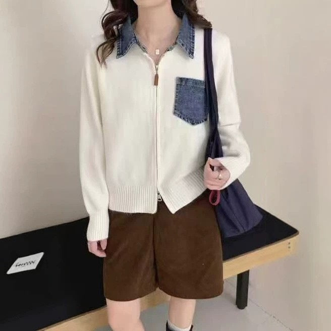 Collar denim patchwork fake two-piece knitted cardigan jacket