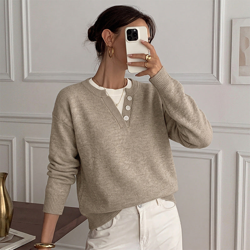 Loose V-neck fake two sweaters for women