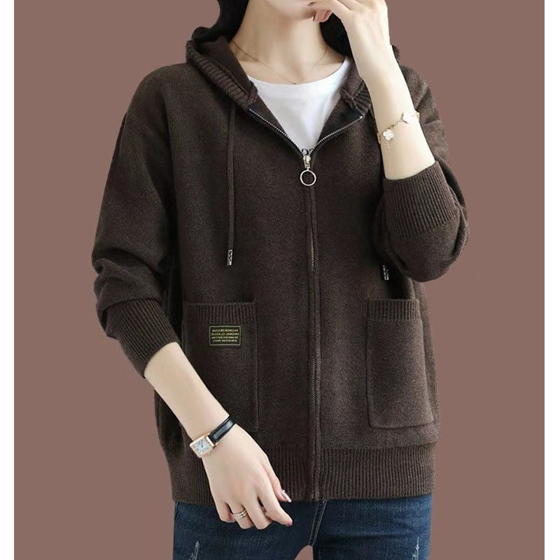 Zipper sweater with cap knit sweater jacket for women