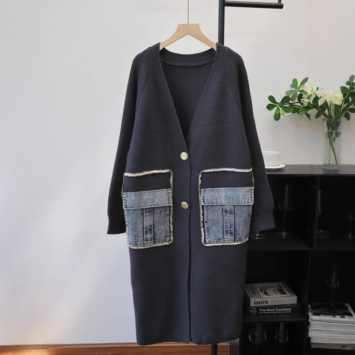 Long spliced denim pocket sweater